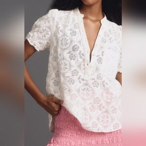 Pilcro cotton nylon blend white lace the Aly puff sleeve V-neck blouse size S